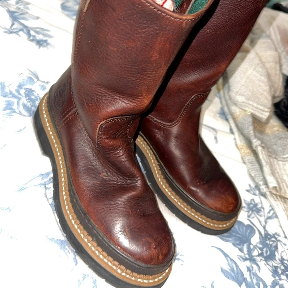 Georgia Boot Brown Leather Pull-On Work Boots with Green Lining